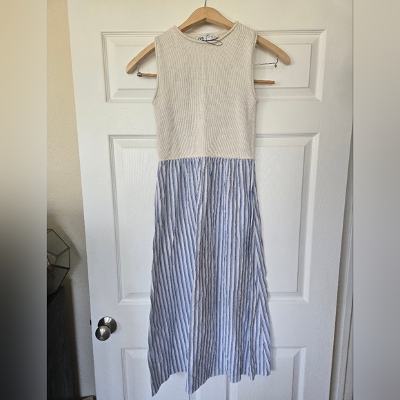 Zara Cream and Blue Striped Midi Dress - Picture 1 of 5